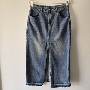 Happily Grey Center Slit Raw Frayed Hem Vintage Wash Long Denim Skirt Size 8